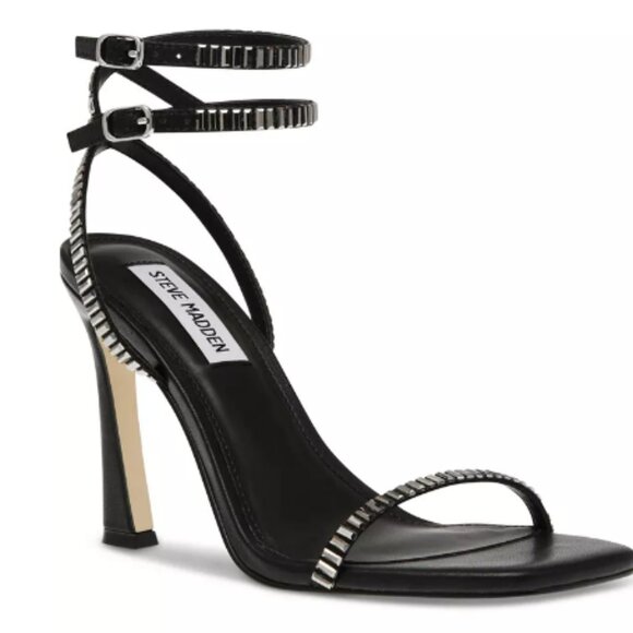 Steve Madden Thierry Metallic Black Strappy Heels Size 8 Party Prom Homecoming - Picture 1 of 7